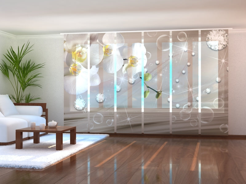 Set of 6 Panel Curtains Orchids and Rhinestones on Beige Silk