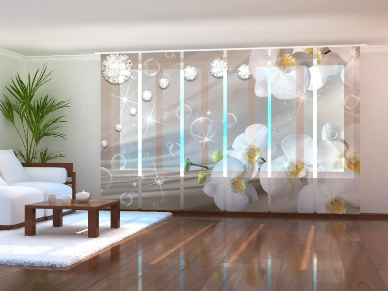 Lot de 6 Panneaux Rideaux Orchidées et Strass sur Soie Beige 2