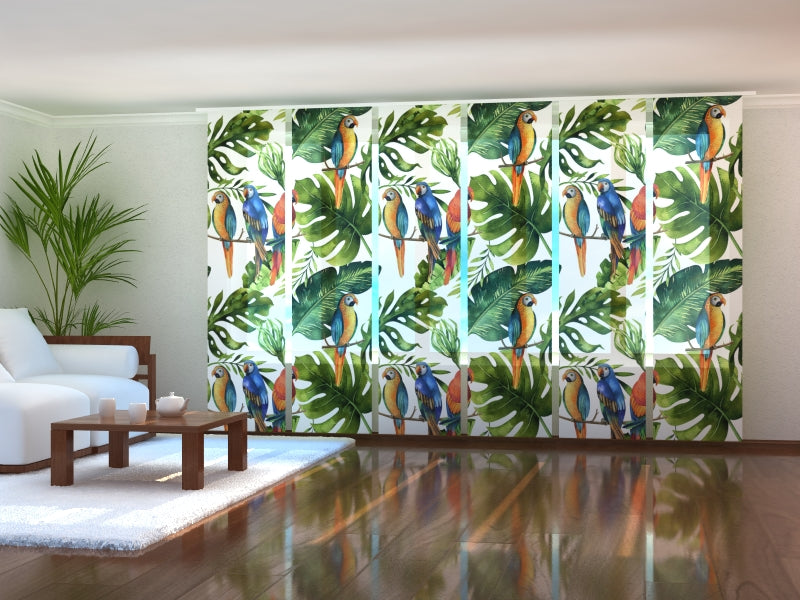 Ensemble de 6 panneaux de rideaux feuille de palmier avec perroquets