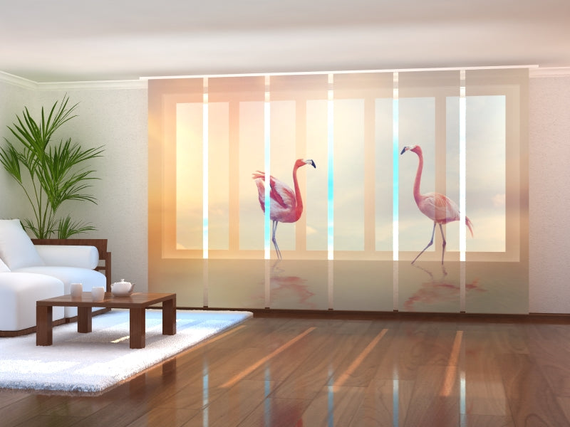 Set of 6 Panel Curtains Pink Flamingos at Sunset