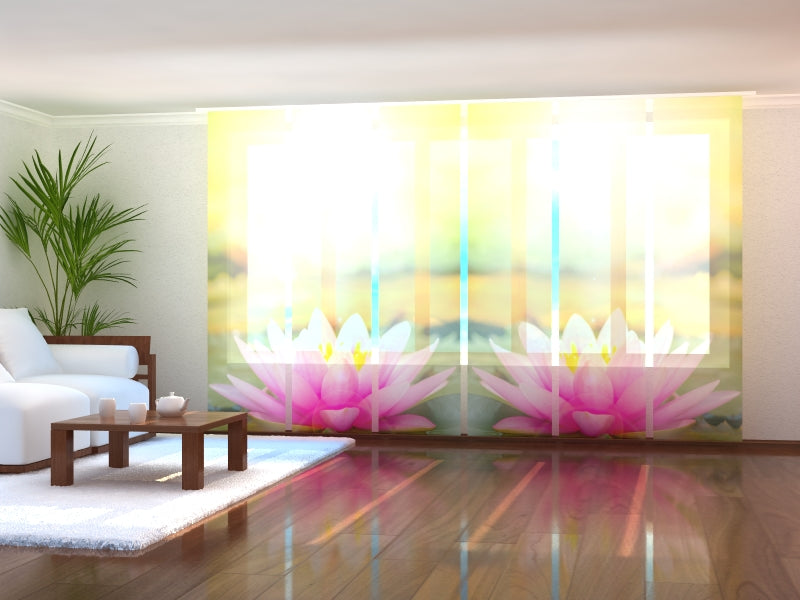 Set of 6 Panel Curtains Pink Lotus at a Morning Sun