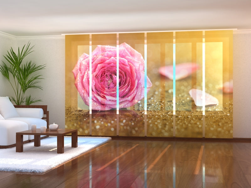 Set of 6 Panel Curtains Pink Rose Flower on Gold