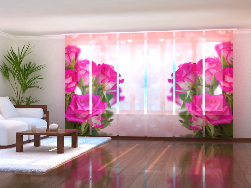 Set of 6 Panel Curtains Pink Roses and Air Hearts
