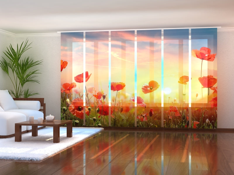 Set of 6 Panel Curtains Poppies Field at Sunset
