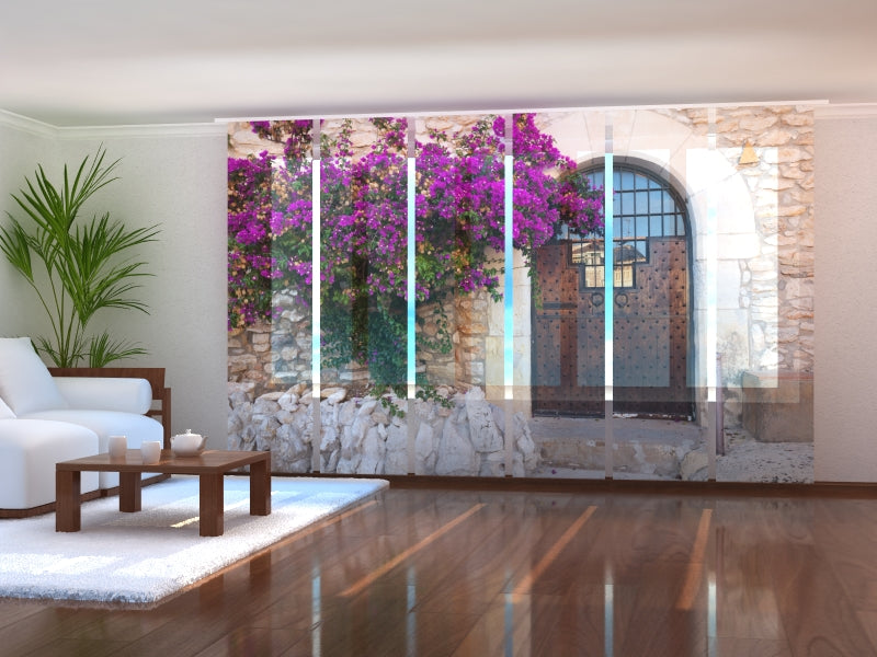 Set of 6 Panel Curtains Purple Bush and Old Door