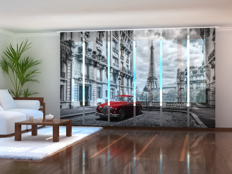 Set of 6 Sliding Panel Curtains Red Retro Limousine on the Street of Paris