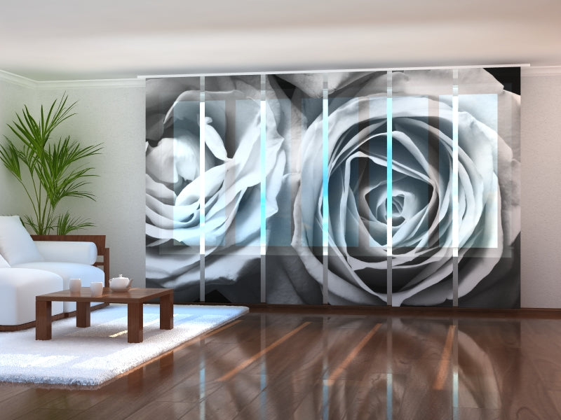 Set of 6 Panel Curtains Roses in Black and White Shades
