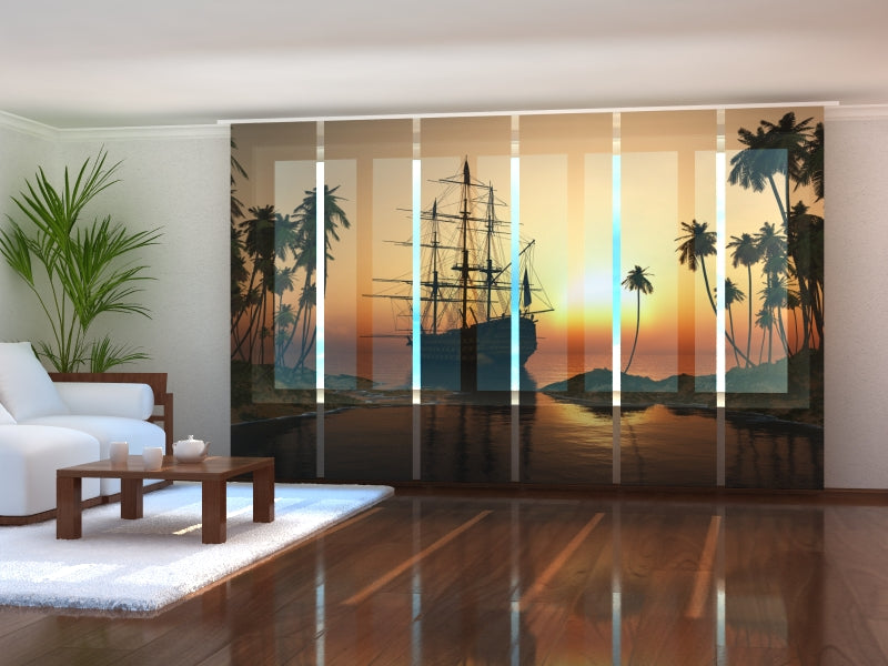 Set of 6 Panel Curtains Sailboat at Sunset