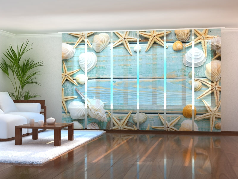 Juego de 6 Paneles de Cortinas Conchas Marinas en Madera Vintage