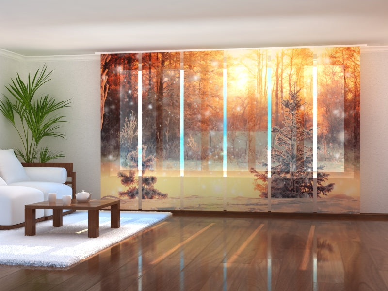 Set of 6 Panel Curtains Sunny Christmas Evening in the Forest