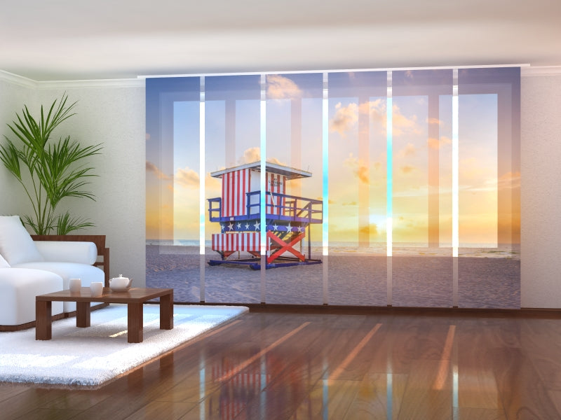 Set of 6 Panel Curtains Sunrise at Miami Beach and Lifeguard Tower