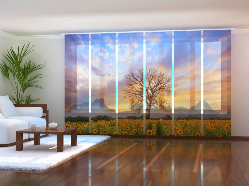 Set of 6 Panel Curtains Sunset over Sunflower Field