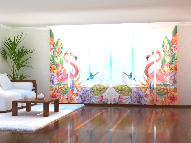 Set of 6 Panel Curtains Tropical Flamingo