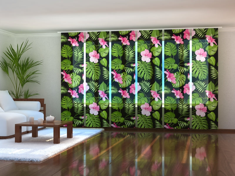 Set of 6 Panel Curtains Tropical Flowers on the Black