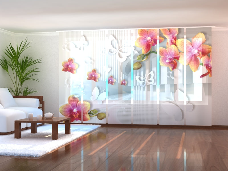 Juego de 6 Paneles Túnel de Cortinas con Orquídeas y Mariposas