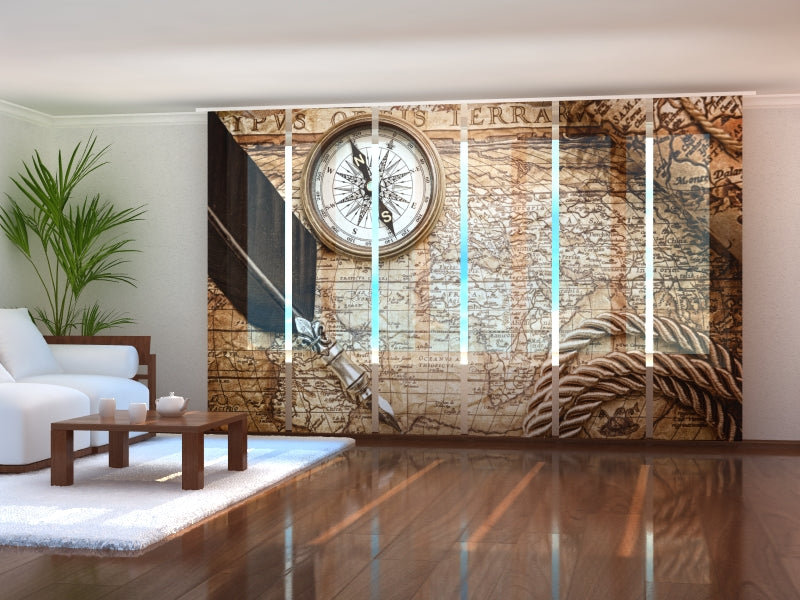 Set of 6 Panel Curtains Vintage Map with Compass