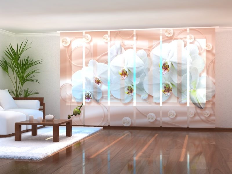 Set of 6 Panel Curtains White Orchids on Silk