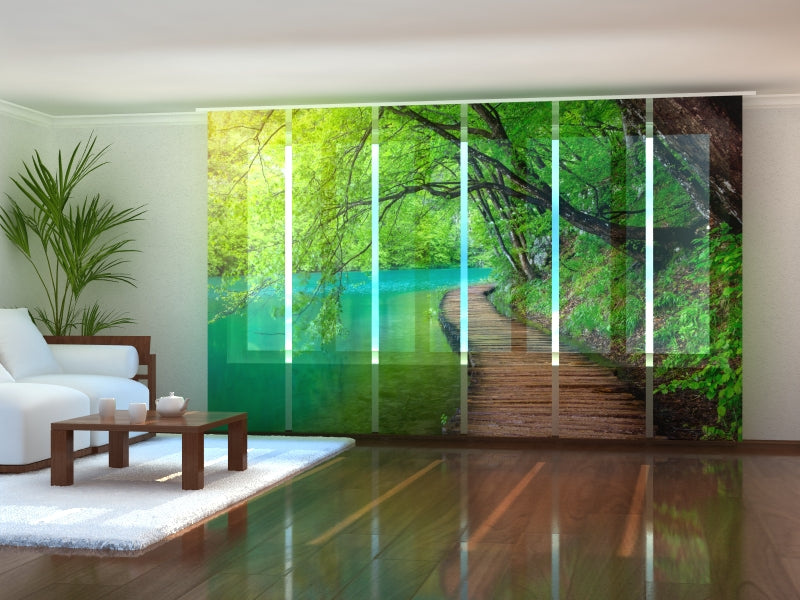 Set of 6 Sliding Panel Curtains Wooden Path in the Forest