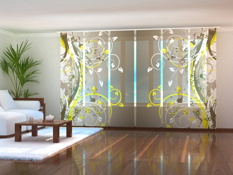 Rideau à panneaux coulissants Art floral sur fond marron