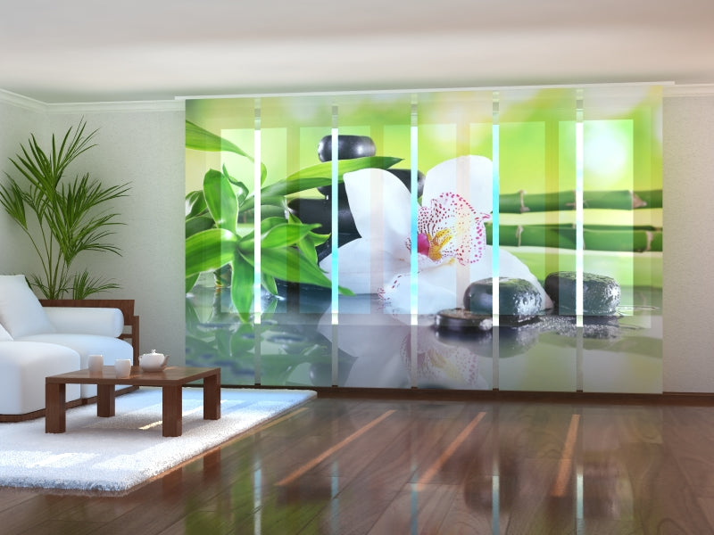 Cortina Corredera Ramas Bambú y Orquídea Blanca