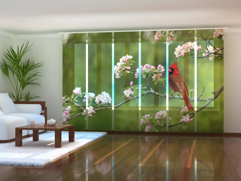 Rideau à panneaux coulissants Oiseau Cardinal sur brindille printanière