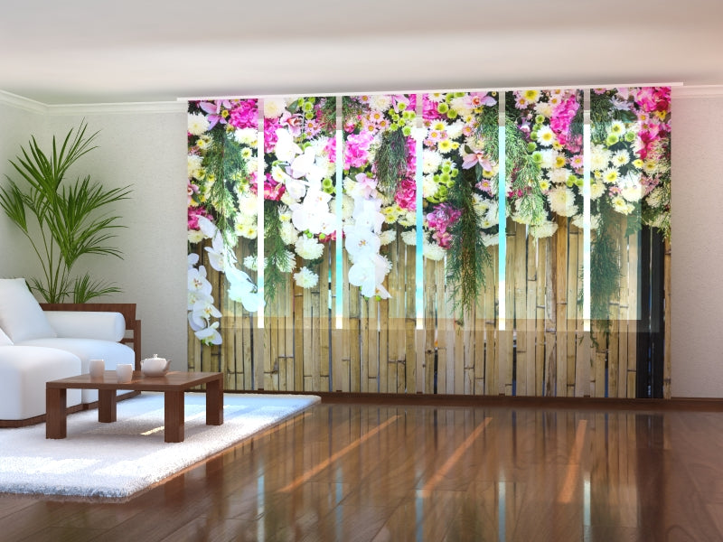 Set of 6 Panel Curtains Flowers on Bamboo