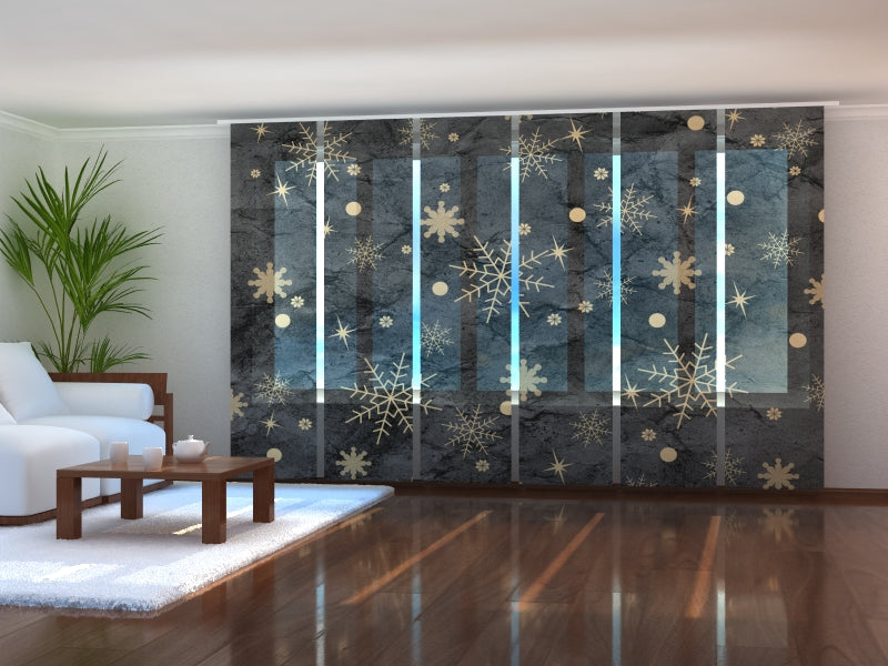 Set of 6 Panel Curtains Golden Snowflakes