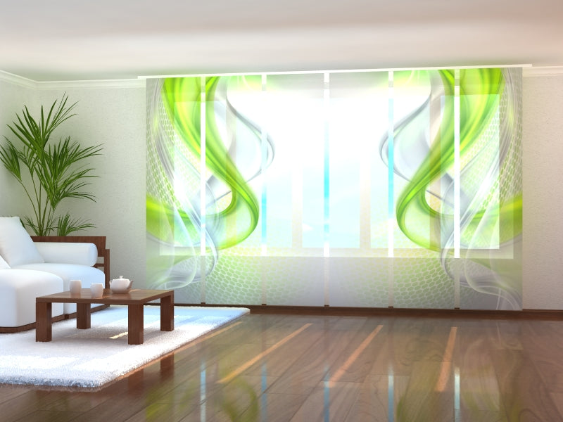Set of 6 Sliding Panel Curtains Green Abstraction