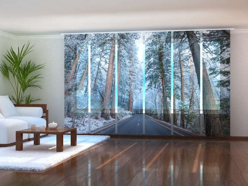 Set of 6 Panel Curtains Road in Snow-Covered Forest