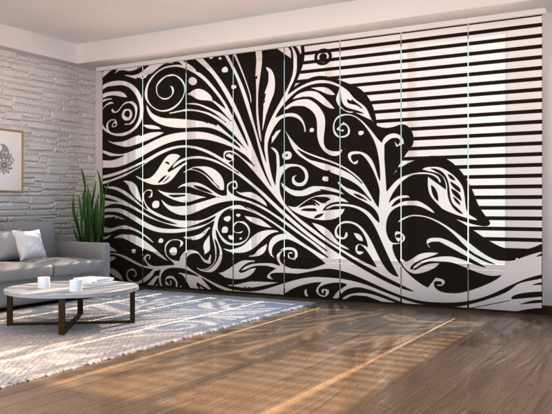 Ensemble de 8 panneaux de rideaux Floral abstrait en noir et blanc