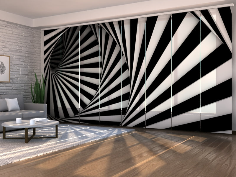 Set of 8 Panel Curtains Black and White Spiral