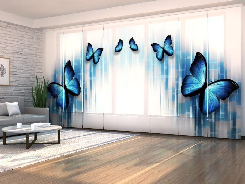 Set of 8 Panel Curtains Blue Butterflies