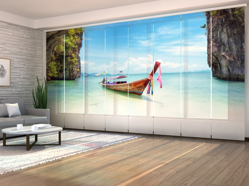 Set of 8 Panel Curtains Boat on the beach of Thailand