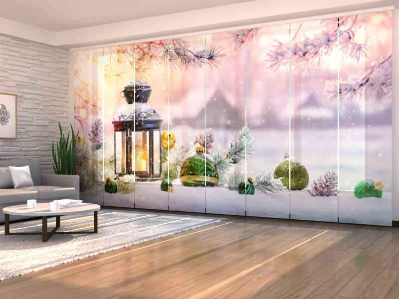 Set of 8 Panel Curtains Christmas Lantern with Fir Branches on Snow