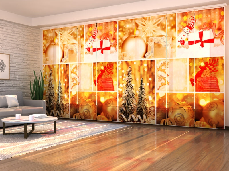 Set of 8 Panel Curtains Golden Christmas Collage