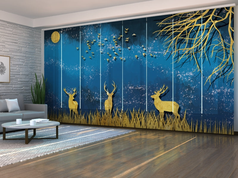 Set of 8 Panel Curtains Golden Deer in the Dark Blue Night