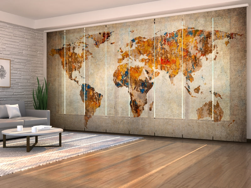 Set of 8 Panel Curtains Grunge Map of the World