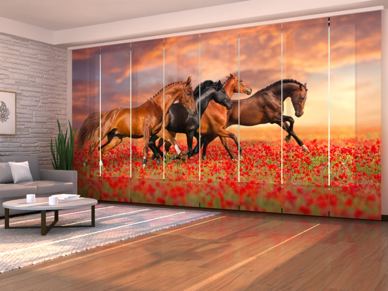 Set of 8 Panel Curtains Horses in the Poppies Field