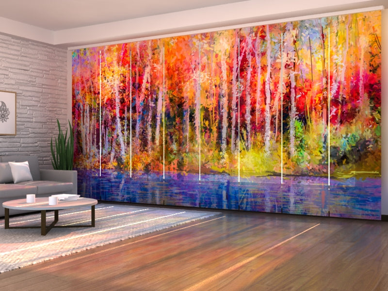 Ensemble de 8 panneaux rideaux peinture à l'huile arbres d'automne colorés