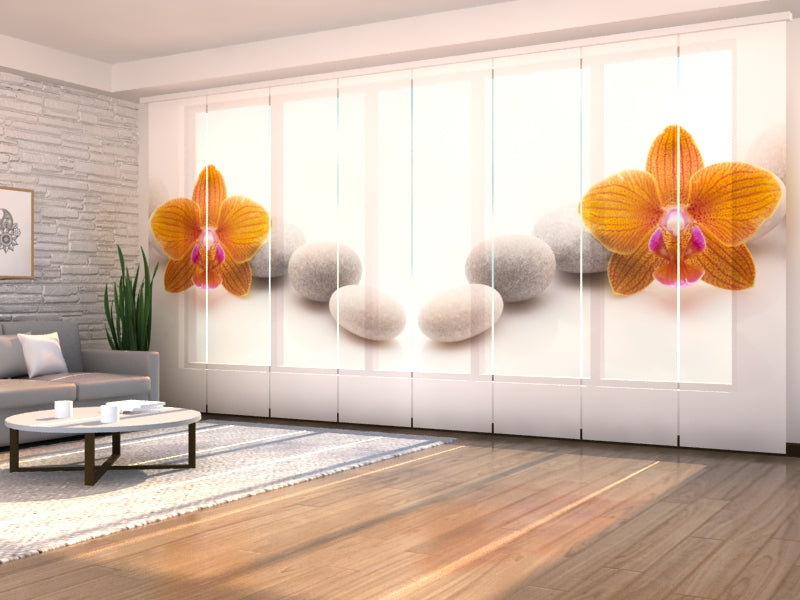 Set of 8 Panel Curtains Orange Orchid on Spa Stones