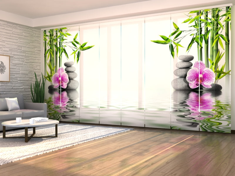 Juego de 8 Paneles de Cortinas Rosa Orquídea con Bambú y Piedras