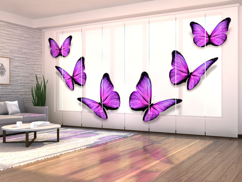 Set of 8 Panel Curtains Purple Butterflies