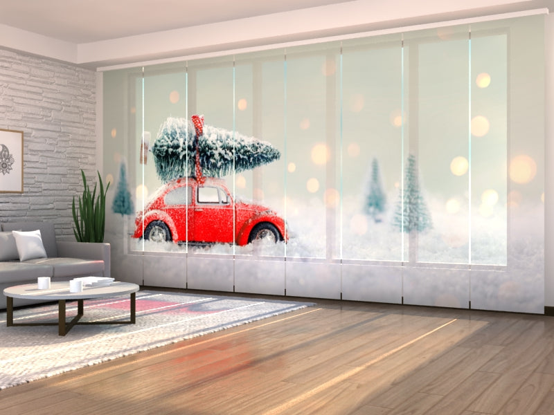 Set of 8 Panel Curtains Red Car with Christmas Tree