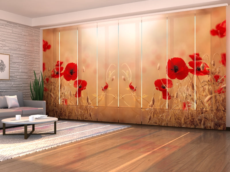 Set of 8 Panel Curtains Red Poppies in Golden Wheat