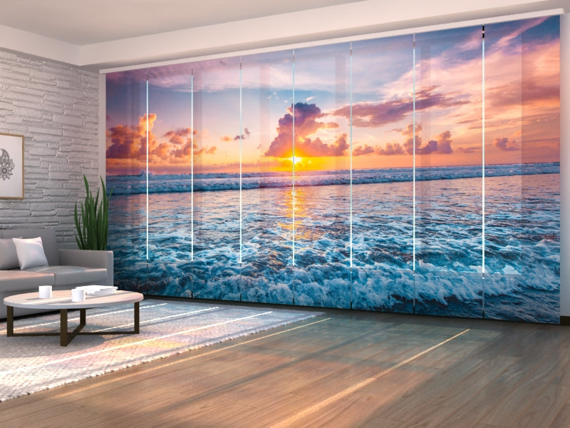 Set of 8 Panel Curtains Sunset Over the Ocean Waves