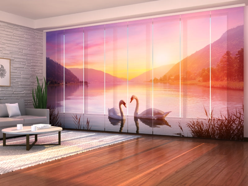Set of 8 Panel Curtains Swans on the Lake at Sunrise
