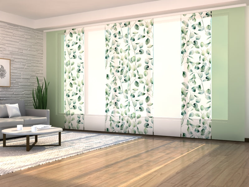 Set of 8 Panel Curtains Tenderness Green Leaves with Green and White Lines