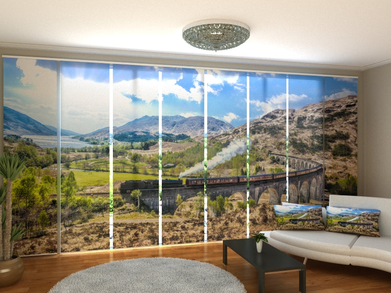 Set of 8 Panel Curtains Train in the Mountains
