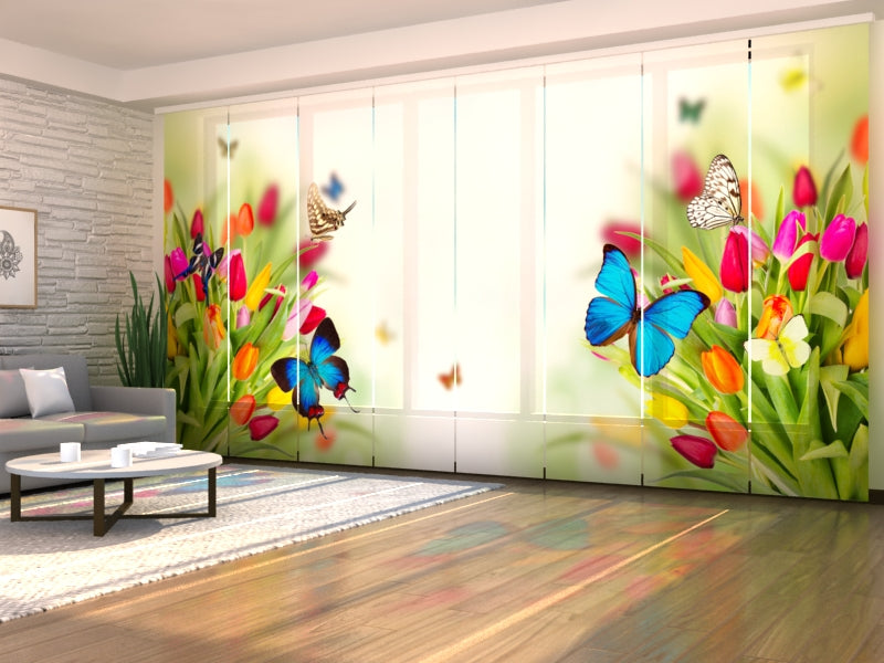 Set of 8 Panel Curtains Tulips and Butterflies