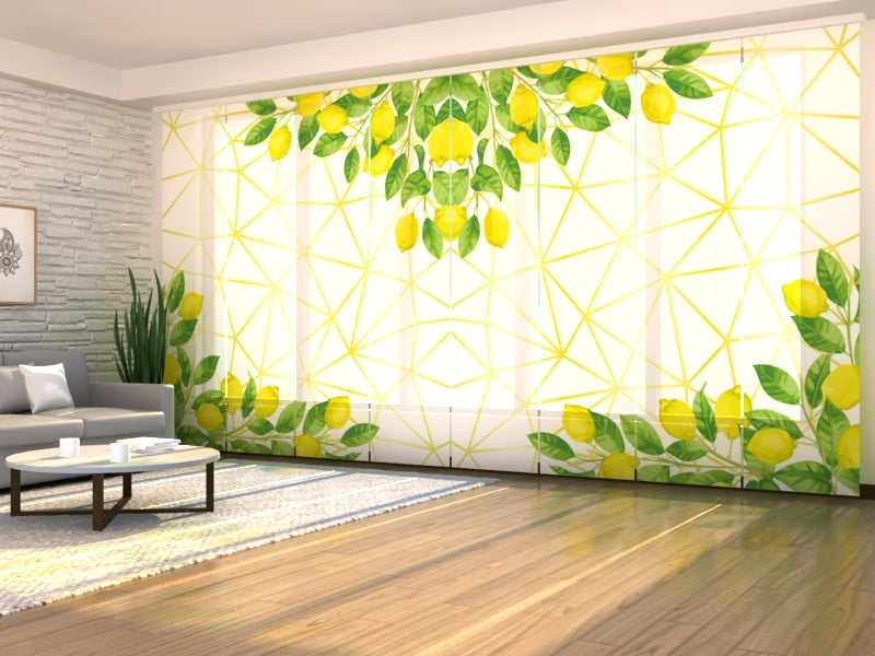 Set of 8 Panel Curtains Watercolour Lemons on Golden Pattern